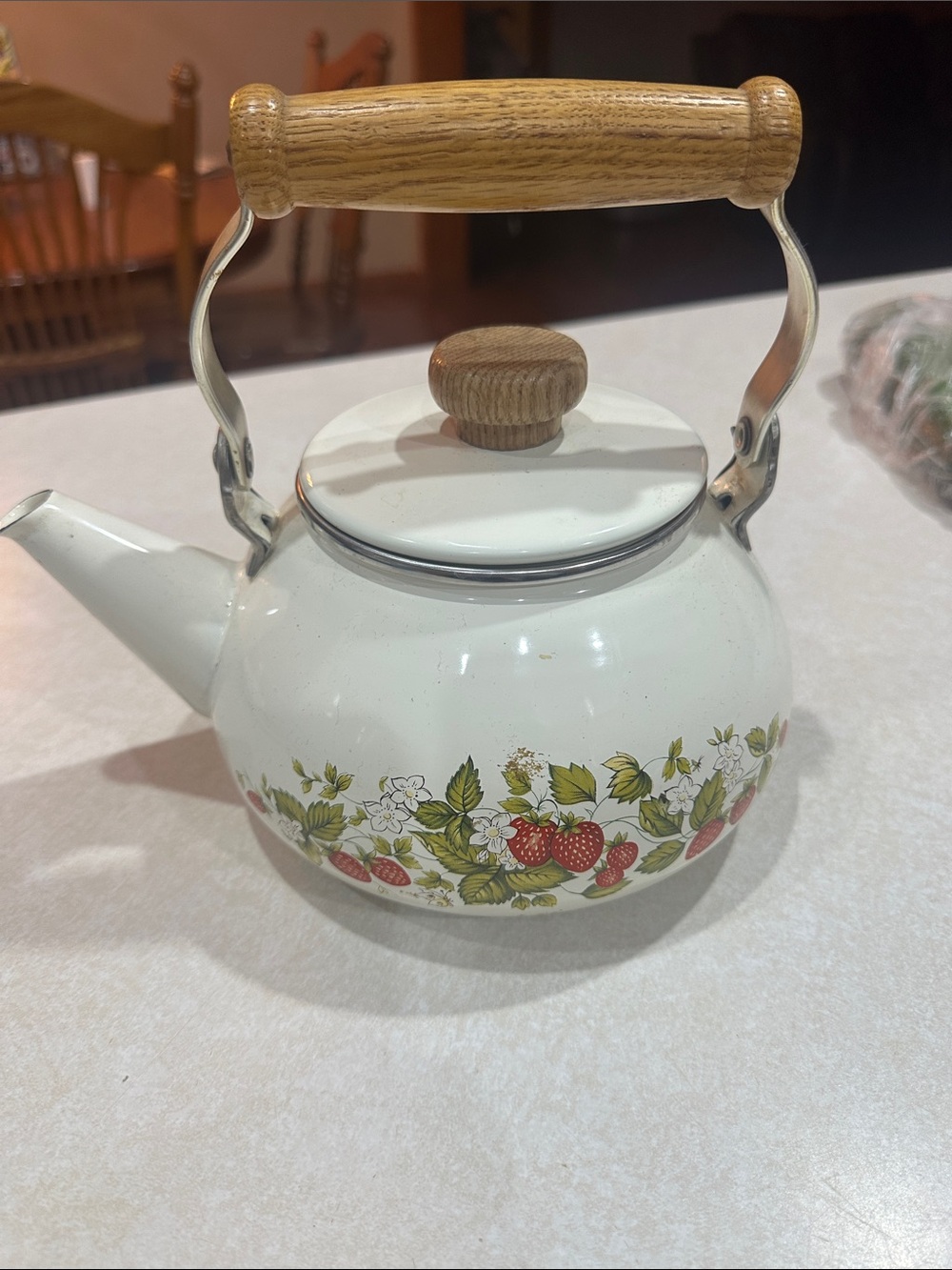 White Enamel Strawberry-Print Teapot with Wooden Handle